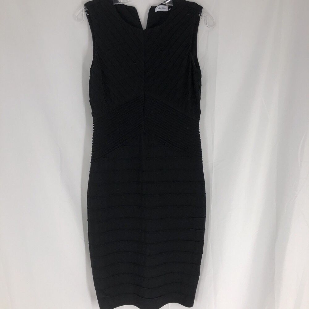 Calvin Klein Dress Womens 6 Black Bodycon Bandage Pleated Career Stretch Ponte